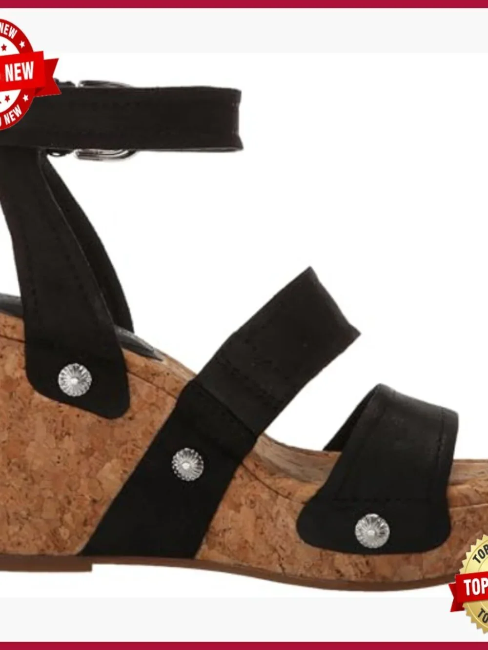 Studded Cork Wedge Sandals, Leather Upper, Ankle Strap, Casual Wear